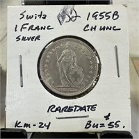 1955-B SWISS 1 DRANC SILVER RARE DATE