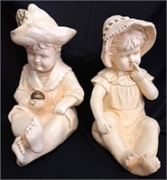 CHARMING CHALKWARE CHILDREN BOY GIRL STATUES 12" T