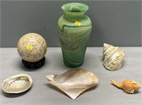 Stone Ball; Green Glass Vase & Sea Shell Decor