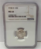 Of) 1938 DNGC graded MS 64 mercury dime