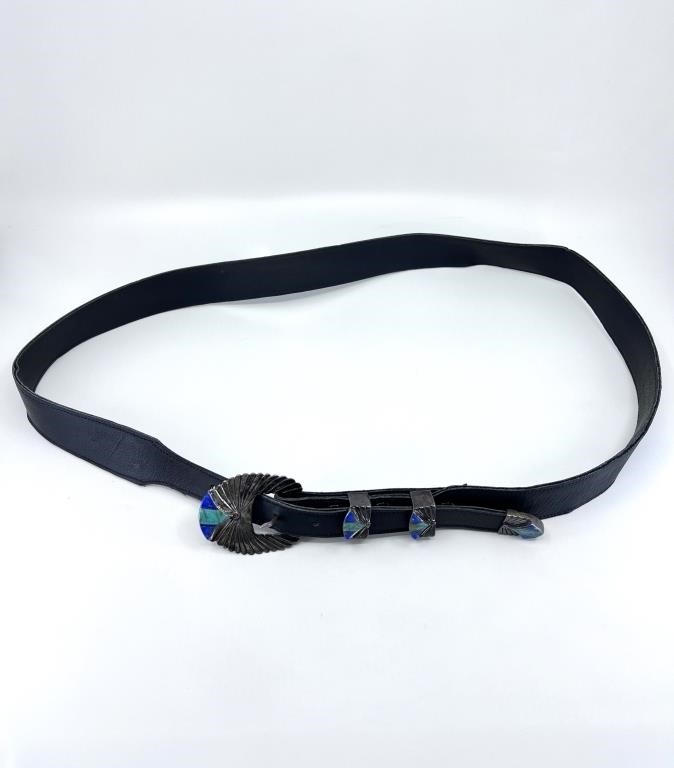 Leather Belt w/ Sterling Turquoise and Lapis