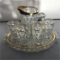 DEPRESSION GLASS PITCHER AND GLASSES