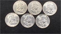 (6) BU 1963 Silver Franklin Half Dollars