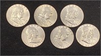 (6) BU 1961 Silver Franklin Half Dollars