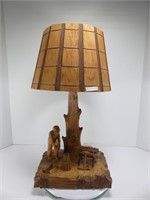 SIGNED CARVED WOOD FOLK ART TABLE LAMP