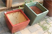 (2) clay jardinieres - square form, green glaze
