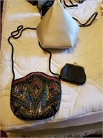 VINTAGE BEADED BAG AND GREEN SATIN PURSE
