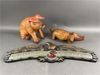 Wood Carvings Two Pigs and Eagle Sign