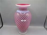 Fenton  cranberry opal 13"  rev swirl vase