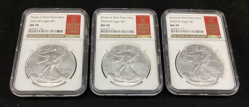 (3) 2022 SILVER AMERICAN EAGLES MS70 WEST POINT