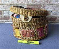 BOX LOT: WICKER SEWING BASKET WITH CONTENTS -