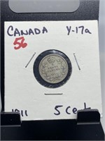 1911 CANADA 5 CENT SILVER PIECE