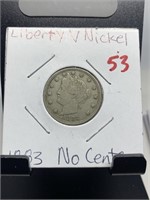 1883 LIBERTY V NICKEL NO CENTS