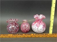 3 Cranberry Spatter Glass Vases