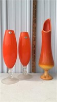 Mid century orange glass set and vase