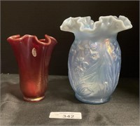 Ruby & Blue Opalescent Ruffled Fenton Vases.