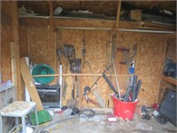 Contents of shed, handle tools, saw horses, misc