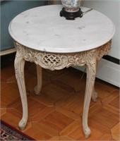 Pair of white marble top end tables with pierced