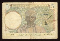 1941 French West Africa 5 Francs Note
