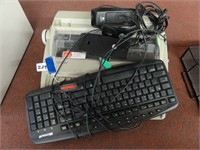 typewriter, computer keyboard, mouse, speakers