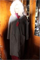 Grey Full Length Ladies Wool Hooded Coat