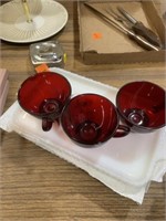 Ruby Red and Milk Glass Tea Set. 3 cups 4 tray