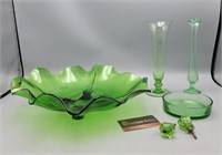 Green Glass Bowl, Vases, Few Uranium