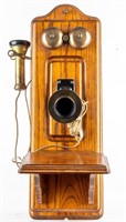 Antique Oak Wood Wall Crank Telephone