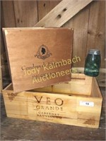 2 wooden wine crates w/ stamped labels