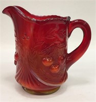 Red Slag Glass Pitcher With Cherry Design