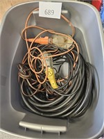 Tote of Drop lights and extension cords