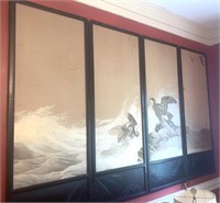 Large Oriental Silk 4-Panel Wall Art / Birds