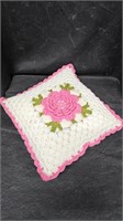 Crocheted Pillow with Big Pink Rose in