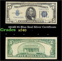 1934D $5 Blue Seal Silver Certificate Grades xf