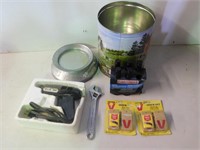 Tin flour container, glue gun, gas line antifreeze