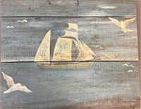 FOLKSY SIGNED NAUTICAL PAINTING ON BARN BOARD