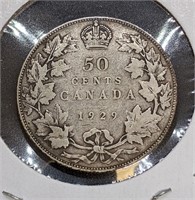 1929 Canadian Silver 50-Cent Half Dollar Coin