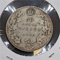 1920 Canadian Silver 50-Cent Half Dollar Coin