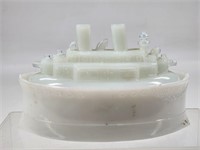 ANTIQUE MILK GLASS OLYMPIA SHIP COVERED DISH