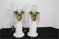 Pair Milk Glass Lamps 12"H Plastic Prisms