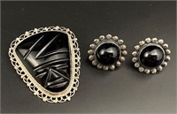 Vintage sterling carved onyx face brooch, earrings