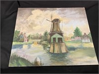 1967 Signed Unframed Oil on Canvas Windmill.