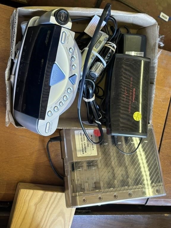 box of electronics - clock radio, cassette recorde