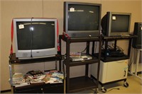 3 rolling TV carts, 2 Sanyo TVs, Emerson TV