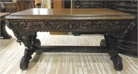 Neo Renaissance Lion Carved Oak Library Table.