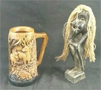 Carved stein, 10" & carved statue, 14"