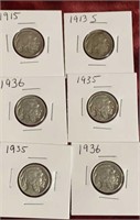 6 Buffalo Nickels US 5 cent Coins