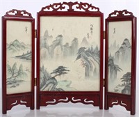ASIAN HAND PAINTED GLASS ENCASED SILK TABLE SCREEN