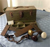 Metal tool box and misc antiques.