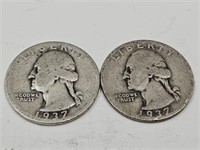 2- 1937 D Washington Silver Quarter Coins